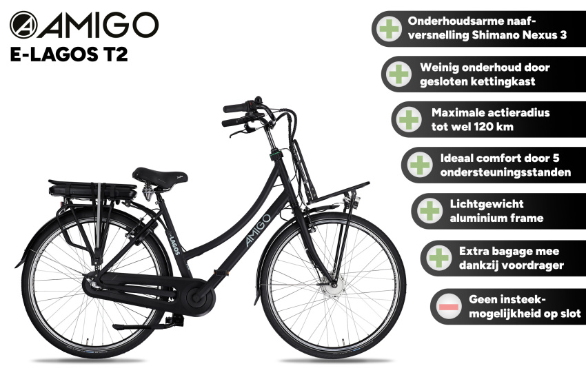 AMIGO E-Lagos T2 28 Inch Dames 3V V-Brakes Matzwart