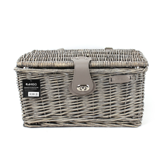 AMIGO bicycle basket with lid 16 liters reed ash gray
