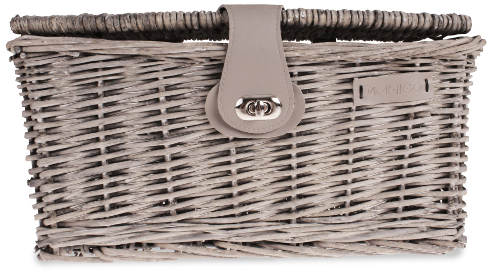 AMIGO bicycle basket with lid 16 liters reed ash gray