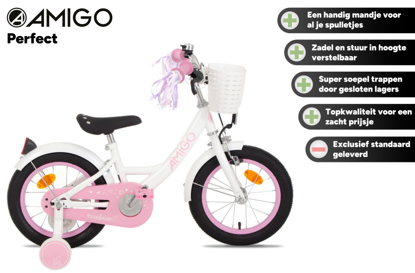AMIGO Perfect 14 Zoll Mädchen Rücktrittbremse Weiß/Rosa