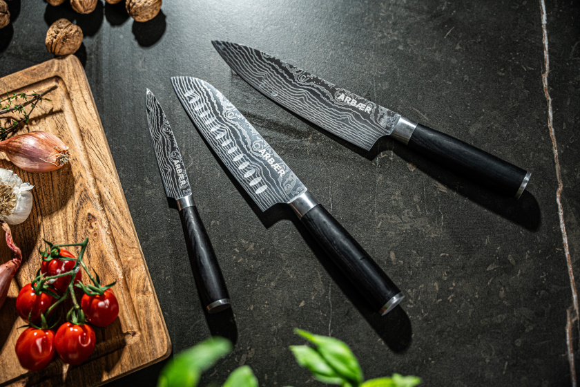 Arbaer Knife Set 3-Piece - Japanese Damascus Print - Pakka Wooden Handle