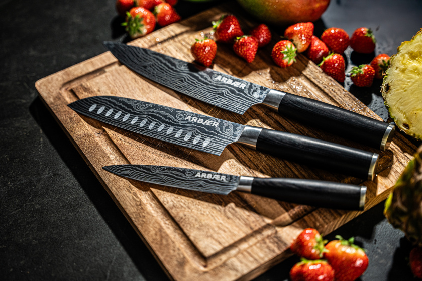 Arbaer Knife Set 3-Piece - Japanese Damascus Print - Pakka Wooden Handle