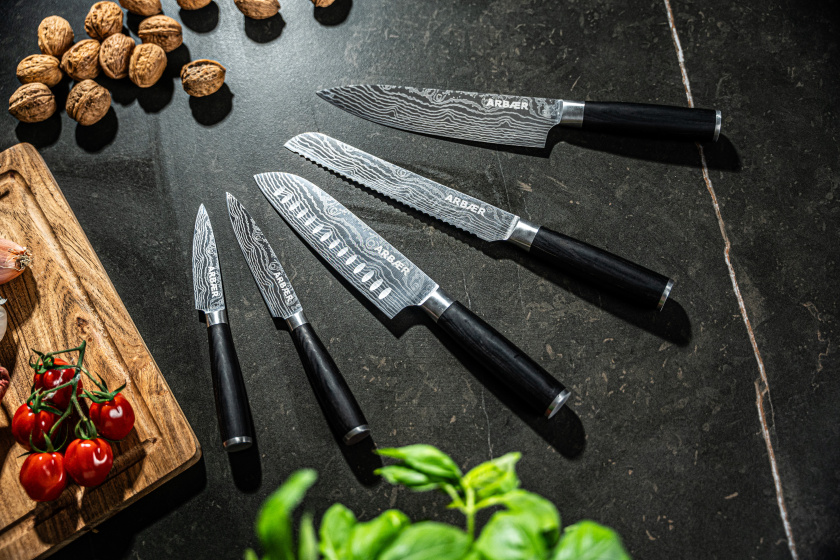 Arbaer Messerset 5-teilig - Japanischer Damastdruck - Pakka-Holzgriff