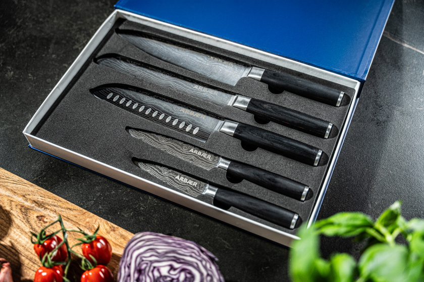 Arbaer Messerset 5-teilig - Japanischer Damastdruck - Pakka-Holzgriff