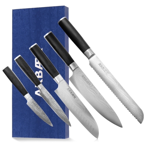 Arbaer Messerset 5-teilig - Japanischer Damastdruck - Pakka-Holzgriff