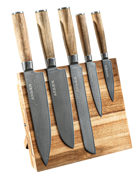 Arbaer Messenset met Messenblok Magnetisch - 6-delig - Damascus Staal - Keukenmessen - Olijfhouten Handvatten - In Geschenkdoos