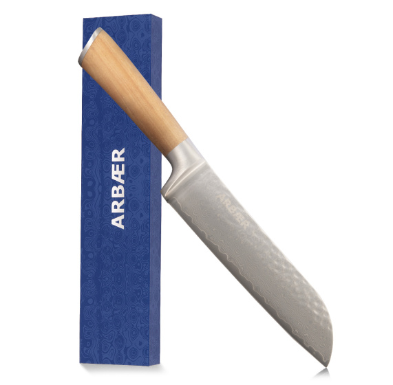 Arbaer Santoku Chef's Knife 18.5 cm - Damascus Steel - Olive Wood Handle - Japanese