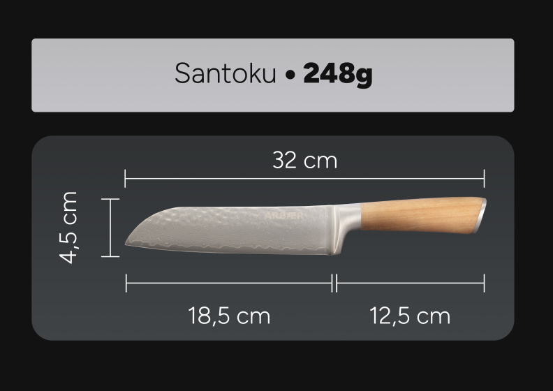 Arbaer Santoku Chef's Knife 18.5 cm - Damascus Steel - Olive Wood Handle - Japanese