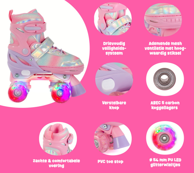 Aventuri Adjustable Roller Skates with lights Pink/Glitter