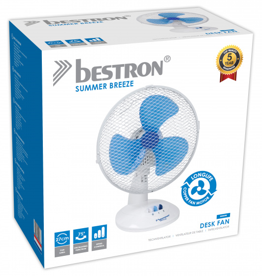 Bestron tafelventilator 27 cm 2 standen 75° rotatie 30W wit