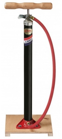 Jumbo fietspomp op houten plank met Dunlop ventiel afbeelding