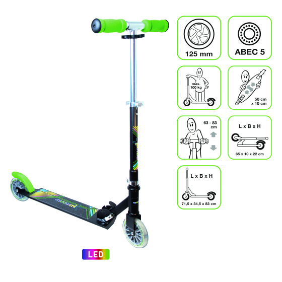 Muuwmi Neon 2-wiel Kinderstep LED Opvouwbaar Voetrem Zwart/Groen