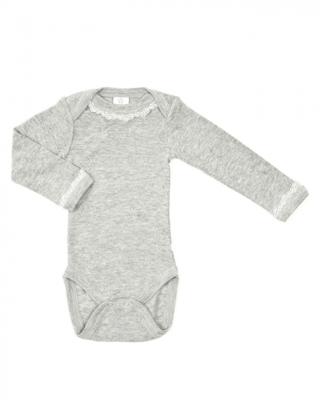 Smallstuff romper jaquard body lange mouwen en kant katoen grijs